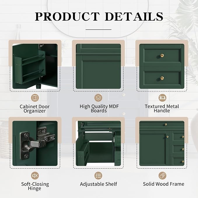 Merax 36'' Bathroom Vanity Without Top Sink, Solid Rubberwood Frame Cabinet | Modern Bathroom Vanity Storage Cabinet with 2 Drawers, Tip-out Drawer, Adjustable Shelf, Soft Closing Doors, Green