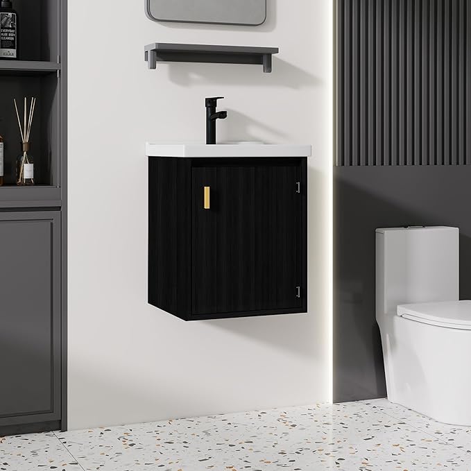 16'' Bathroom Vanity with Ceramic Sink Combo, Wall Mounted Small Bathroom Vanity with Soft-Close Door Modern Floating Cabinet, Pop-up Drain, P-Trap Included, Black(No Faucet)