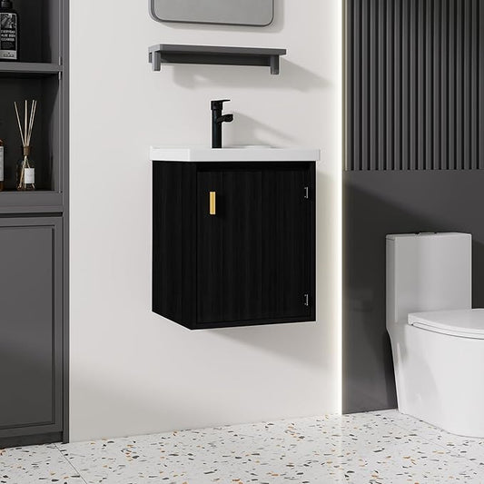 16'' Bathroom Vanity with Ceramic Sink Combo, Wall Mounted Small Bathroom Vanity with Soft-Close Door Modern Floating Cabinet, Pop-up Drain, P-Trap Included, Black(No Faucet)