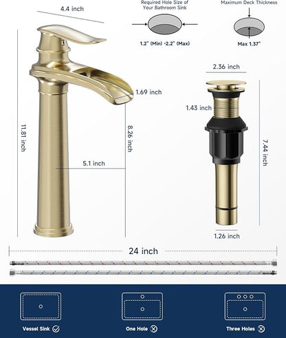 Brushed Gold Vessel Sink Faucet Brass Waterfall Bathroom Faucet Single Hole | with Pop Up Drain Assembly and Supply Hoses, Single Handle Tall Bathroom Faucets Lavatory Vanity Mixer Tap by BATHLAVISH