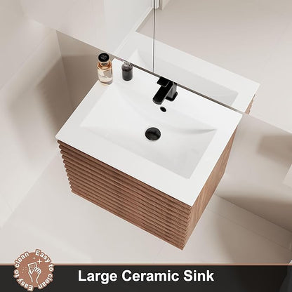 LUCKWIND 24" Floating Bathroom Vanity with Sink, Mid-Century Wall Mounted Big Drawer Cabinet with Ceramic Sink, Water Saving Faucet and Wood Stripes Style, Walnut
