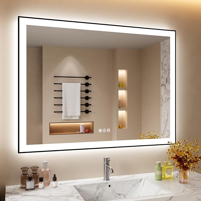 48x36 Inch LED Bathroom Mirror with Black Frame | Black Metal Frame, Front and Backlit, 3 Colors, Dimmable, Memory, Anti Fog, Tempered Glass, Lighted Mirror for Wall