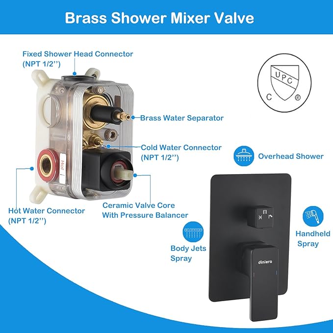 12" Rain Shower System with 4 Massage Body Jets,Shower Faucet Set Luxury Shower Head System with 3-in-1 Handheld,Wall Mounted Shower System Set with Valve and Trim Kit,Matte Black