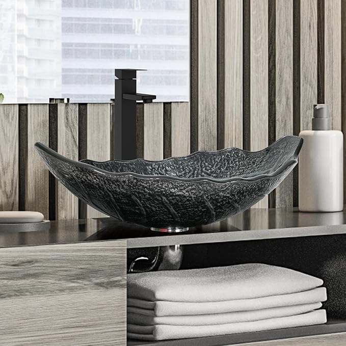 36 Inch Black Floating Bathroom Vanity with 2-Doors and 1-Drawer, Modern Wall Mounted Cabinet with Silver Leaf Glass Vessel Sink