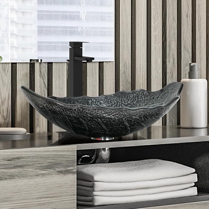 32'' Bathroom Vanity with Sink, Modern Bathroom Cabinet, Black | 2 Soft-Close Cabinet Doors, 4 Drawers, 2-Tier Inner Shelf, Freestanding Large Storage Cabinet, Silver Leaf Glass Sink