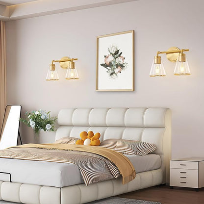 14" 2-Light Brushed Gold Modern Bathroom Vanity Light Fixtures Over Mirror | Clear Glass Shade, Heat-Resistant Ceramic E26 Socket, Wall Sconces, Rustproof, Fit 16–22 Inch Mirrors for Vanity Table