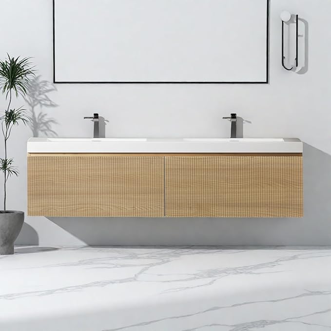 Wall Mounted Bathroom Sink Vanity, Modern 60" Floating Vanity with 2 Resin Top Basins and 2 U-Shaped Soft-Close Storage Drawers, Striped Bathroom Storage Cabinet with Invisible Handle, Wood