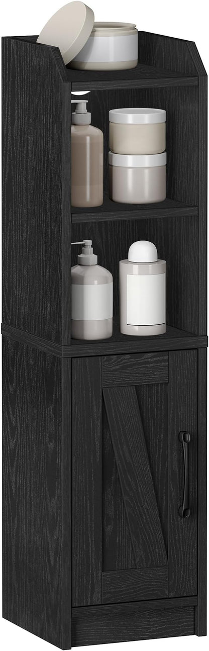 Bathroom Storage Cabinet, Small Farmhouse Corner Floor Cabinet with Door and Shelves, Narrow Toilet Paper Holder Stand, Bathroom Organizer with Adjustable Shelf, for Small Spaces, Black