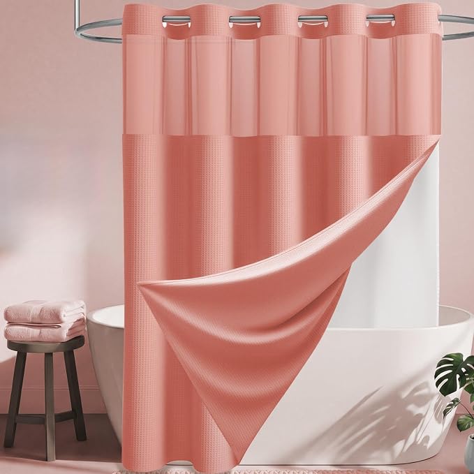 Coral Hook Free Waffle Shower Curtain & Snap-in Fabric Liner,72x81 | Less Time to install, 3 in 1 Fabric Shower Curtain and Liner Set with Magnets, Long, Shower Curtains for Bathroom