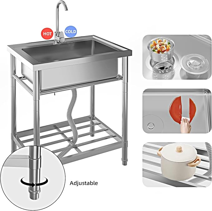 Stainless Steel Utility Sink, 28" Single Bowl Commercial Sink | Free Standing Utility Sink with Cold and Hot Water Pipe, for Kitchen, Laundry