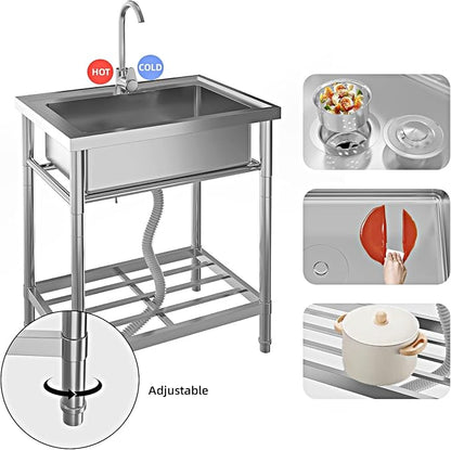 Stainless Steel Utility Sink, 28" Single Bowl Commercial Sink | Free Standing Utility Sink with Cold and Hot Water Pipe, for Kitchen, Laundry