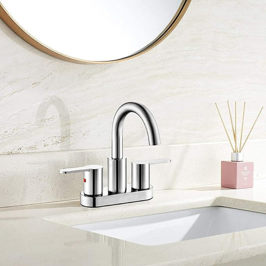 Chrome 4 Inch Centerset Bathroom Sink Faucet 3 Holes with Pop up Drain, High Arc Modern 2 Handle Bathroom Vanity Lavatory Faucet with Brass 360° Swivel Spout, TAF067E-CP