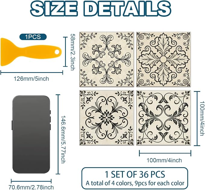 36 Pcs 4 Style Retro Pattern Peel and Stick Wall Tile Sticker Line Drawings Pattern Wall Stickers Waterproof Self Adhesive Stick on Tile Decals for Kitchen Bathroom Art Decor, 4×4 Inch