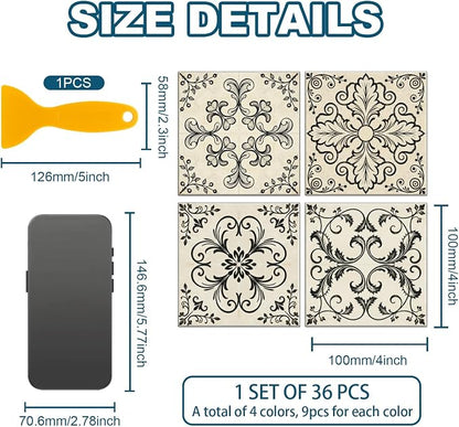 36 Pcs 4 Style Retro Pattern Peel and Stick Wall Tile Sticker Line Drawings Pattern Wall Stickers Waterproof Self Adhesive Stick on Tile Decals for Kitchen Bathroom Art Decor, 4×4 Inch