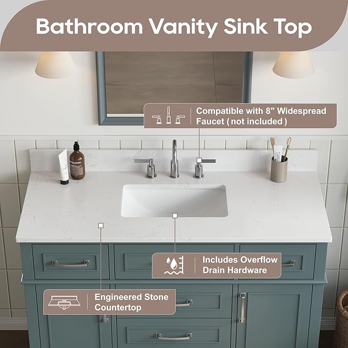 48 Inch Bathroom Vanity with Sink, Modern Bathroom Vanity with Engineered Stone Countertop, Solid Wood Frame Bathroom Storage Cabinet with Soft Closing Door & Dovetail Drawer, Green