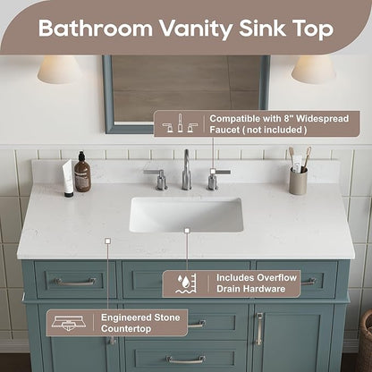 48 Inch Bathroom Vanity with Sink, Modern Bathroom Vanity with Engineered Stone Countertop, Solid Wood Frame Bathroom Storage Cabinet with Soft Closing Door & Dovetail Drawer, Green