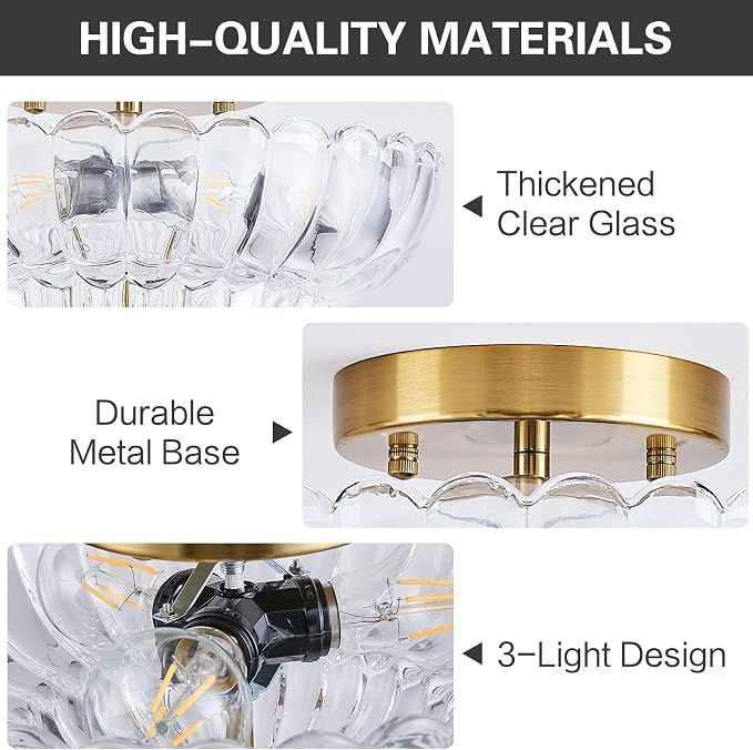Clear Glass Semi Flush Mount Ceiling Light Fixture,11.8 in,3-Lights | Flower Shape,Round Gold Base,Use E26 Bulb,Support Dimmable,for Hallway,Bedroom,Bathroom,Foyer,Closet,Entryway,Laundry Room