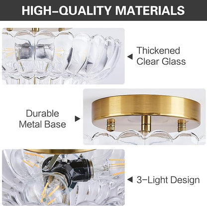 Clear Glass Semi Flush Mount Ceiling Light Fixture,11.8 in,3-Lights | Flower Shape,Round Gold Base,Use E26 Bulb,Support Dimmable,for Hallway,Bedroom,Bathroom,Foyer,Closet,Entryway,Laundry Room