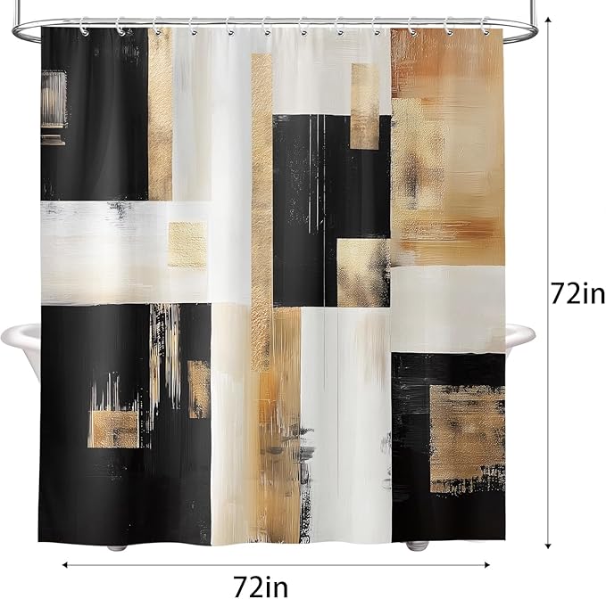 Black and Gold Abstract Shower Curtain, Boho Modern Art Aesthetic Oil Painting Shower Curtain Set, Brown Beige Neutral Artistic Fabric Shower Curtains for Bathroom with 12PCS Hooks 72X72IN