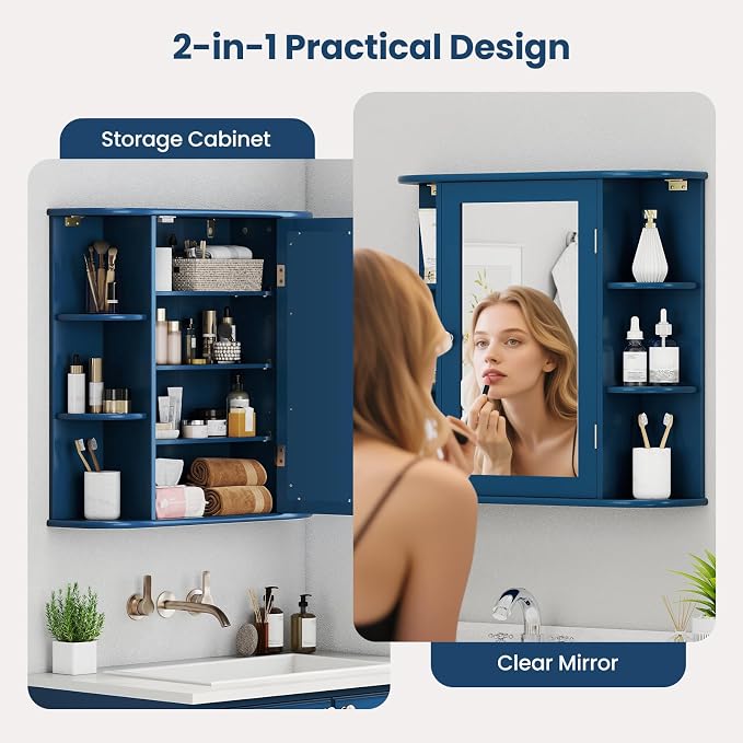 GIANTEX Bathroom Medicine Cabinet (Blue) | Wall Mounted Medicine Cabinet with Mirrored Door & 4 Interior Shelves, 6 Open Shelves, Space-saving Storage Cabinet