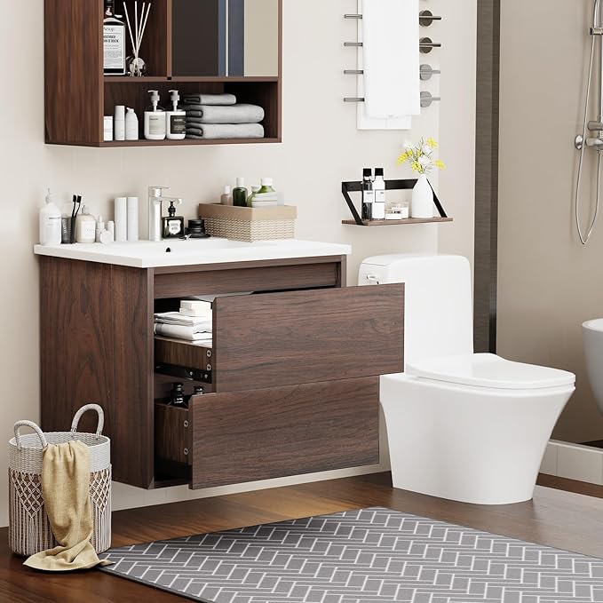 Floating Bathroom Vanity | 24-Inch Modern Walnut Color Lacquer Finish, with Sink, 2 Drawers, Space-Saving Design for Small Bathrooms, Easy Installation