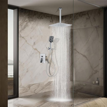Shower System Modern Rain 8 inches Brass Faucet Set With Valve and Diverter Shower Mixer With Handheld High Pressure Square Rainfall Shower Valve (12'' Ceiling Mount, Chrome Polished)