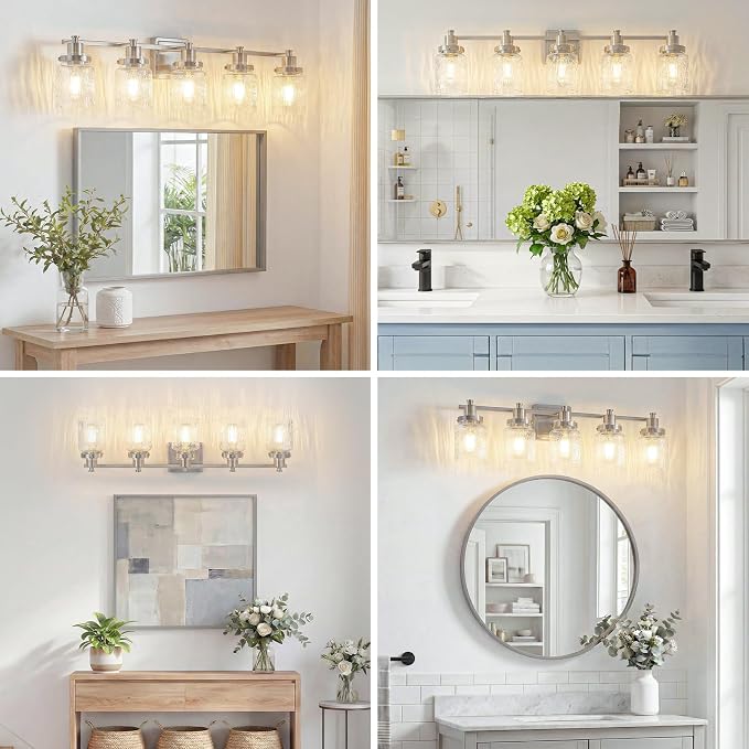 5 Light Bathroom Vanity Light Fixtures Modern Brushed Nickel | ETL Certificate, Easy to Install,Wall Mount Up or Down,Hammered Glass Lampshade,E26 Socket,Hardwired,120V