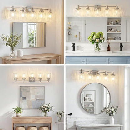 5 Light Bathroom Vanity Light Fixtures Modern Brushed Nickel | ETL Certificate, Easy to Install,Wall Mount Up or Down,Hammered Glass Lampshade,E26 Socket,Hardwired,120V