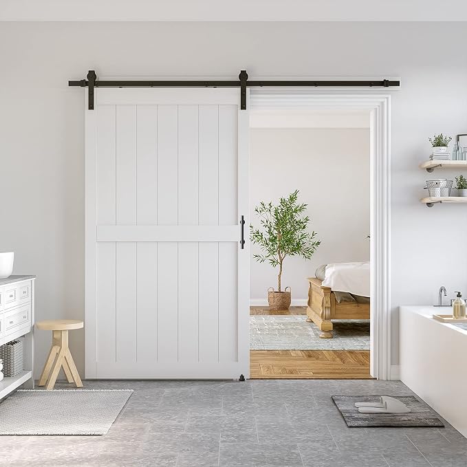 SMARTSTANDARD 48" x 80" White Sliding Barn Door with 8FT Black Hardware | Pre-Drilled Ready to Assemble, Waterproof PVC Coating, H-Frame
