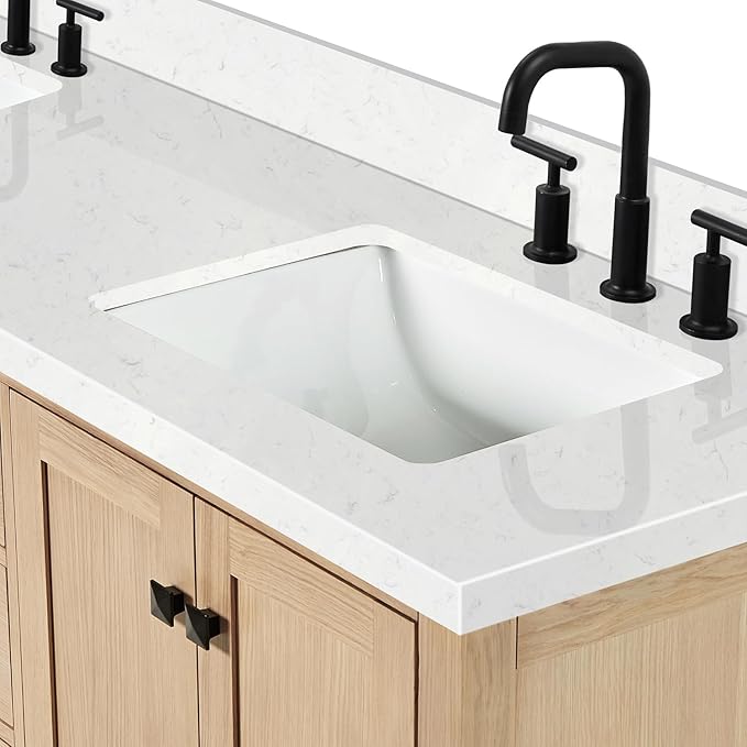DKB Beckford 72-Inch Oak Double Bathroom Vanity with Rectangle Sinks, 1.5" Carrara White Quartz Countertop & 4" Backsplash, 4 Soft Closing Doors, 6 Dovetail Drawers, Matte Black Hardware