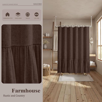Farmhouse Shower Curtain Ruffle Linen Flax Brown 72" W x 72" L | Linen Fabric, Farmhouse Boho, Bottom Ruffle, Rustic, Country, Natural Look, Washable, Shower Curtain for Bathroom Bathtub