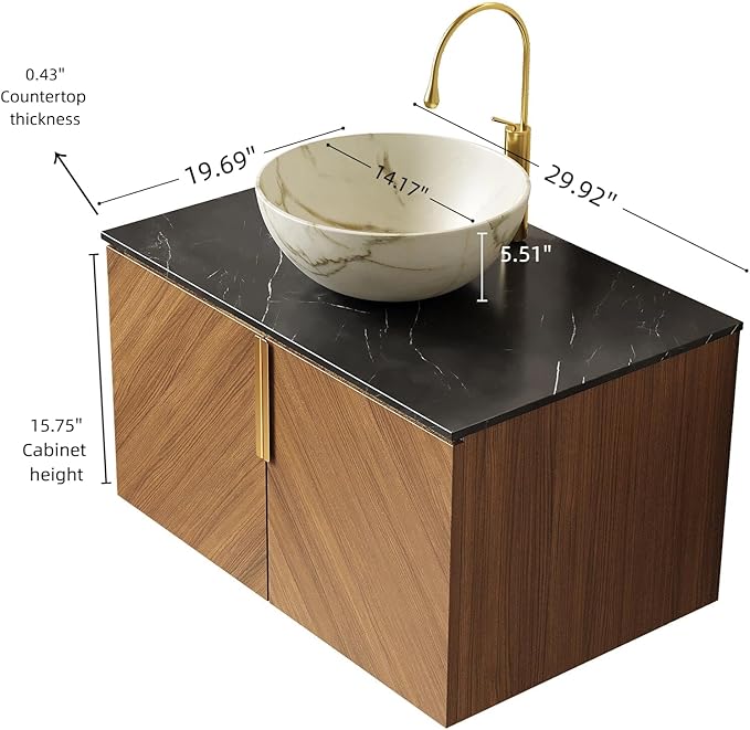 30" Floating Bathroom Vanity with Sink Combo, Modern Vanity with Vessel Sink, Wall-Mounted Bathroom Vanity Cabinet with Doors, Countertop and White Bowl Ceramic Basin,Brown Oak
