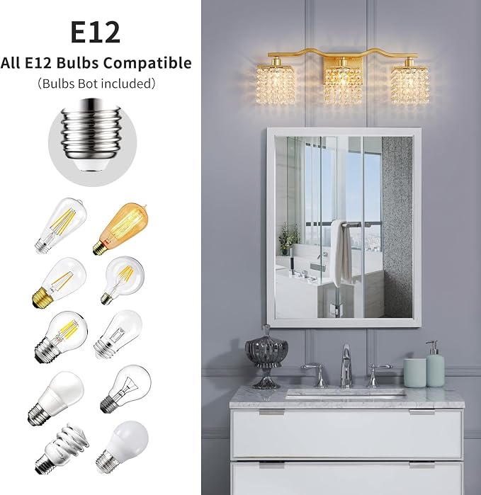 WUZUPS 3-Light Bathroom Light Fixture Over Mirror Morden Vanity Wall Sconces Light Clear Crystal Drop for Bedroom Living Room, E12 Base, Gold