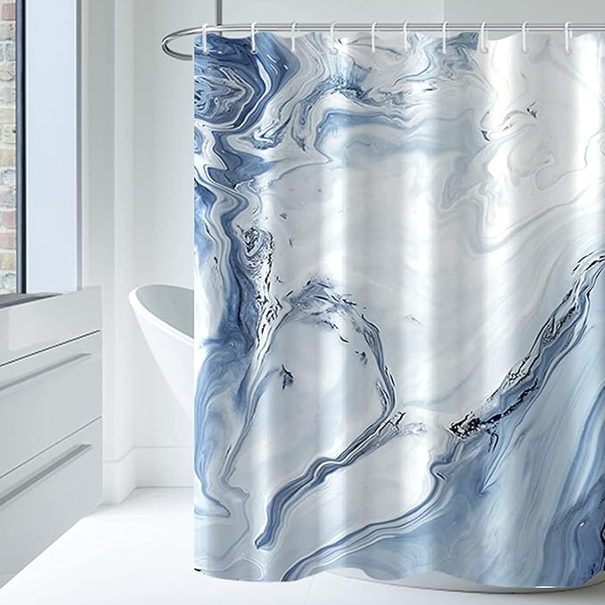AWERT Blue Marble Shower Curtain Waterproof Shower Curtain for Bathroom Decor Printed Washable with Hooks 72x78 Inch