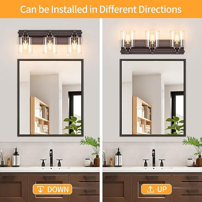 3 Light Modern Bathroom Light Fixtures Over Mirror, Bronze Finish Vanity Lights for Bathroom Wall Sconces with Clear Glass Shades, E26 Socket (Bulbs Not Included)