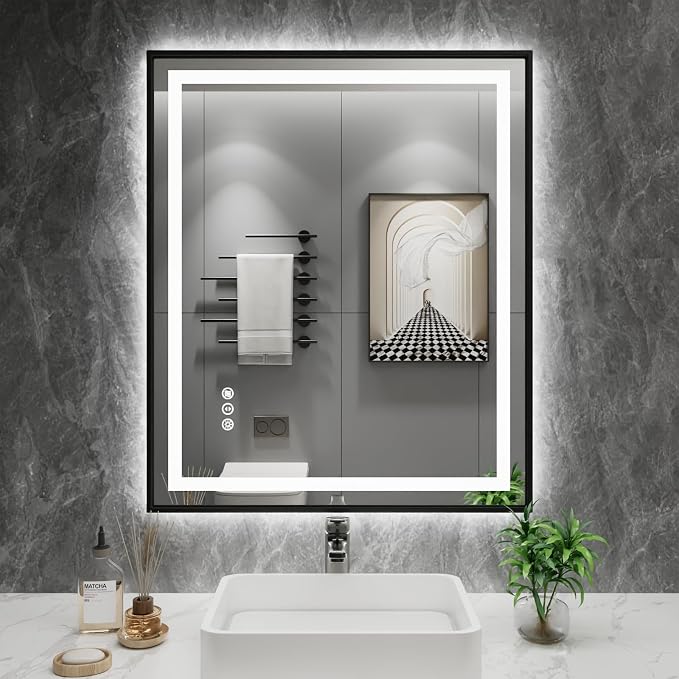LED Bathroom Mirror, 24"X30" Front Lit and Backlit with Black Frame | Metal Framed Mirror, Stepless Dimmable, HD Reflection, Anti-Fog, Shatter-Proof, Memory, 3 Colors Lighting, UL Listed.