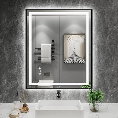 LED Bathroom Mirror, 24"X30" Front Lit and Backlit with Black Frame | Metal Framed Mirror, Stepless Dimmable, HD Reflection, Anti-Fog, Shatter-Proof, Memory, 3 Colors Lighting, UL Listed.
