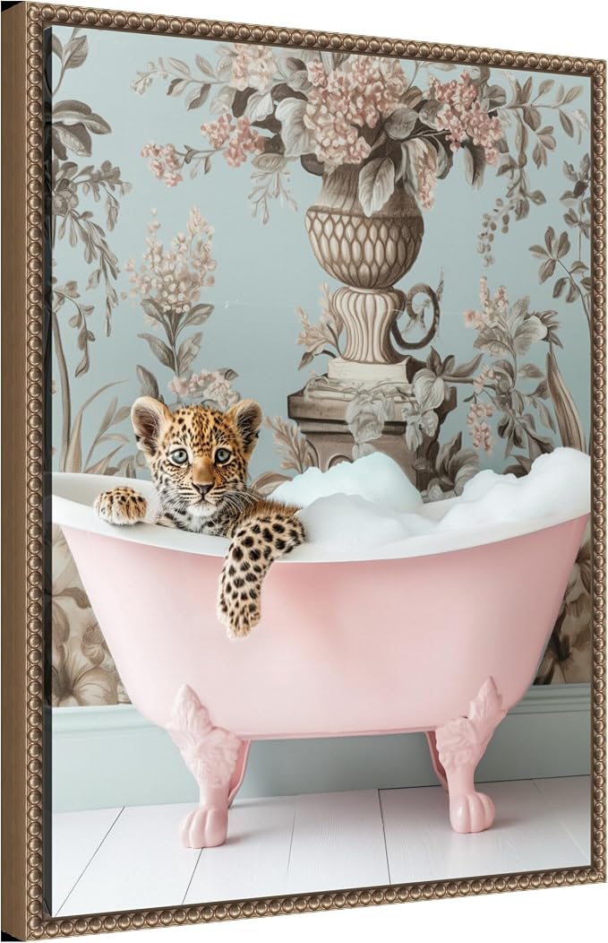 Amanti Art Framed Canvas Wall Art 24x18 Leopard Pink Bubble Bath by Niky Rahner, Framed Wall Art Canvas, Animals Artwork, Traditional Decor, Medium Poster Painting for Living Room, Bedroom, Bathroom
