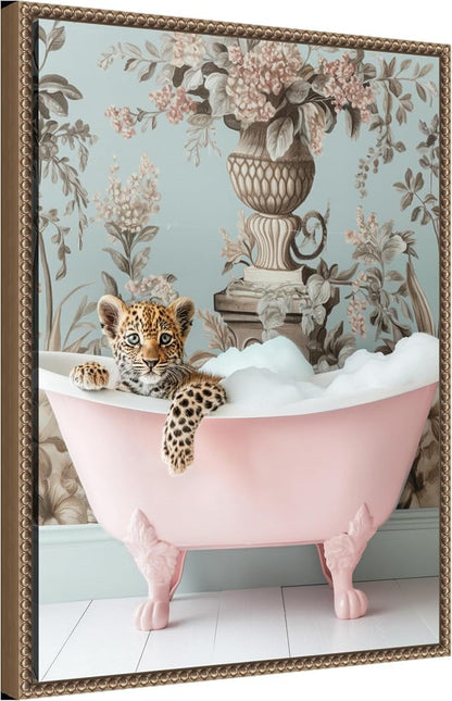 Amanti Art Framed Canvas Wall Art 24x18 Leopard Pink Bubble Bath by Niky Rahner, Framed Wall Art Canvas, Animals Artwork, Traditional Decor, Medium Poster Painting for Living Room, Bedroom, Bathroom