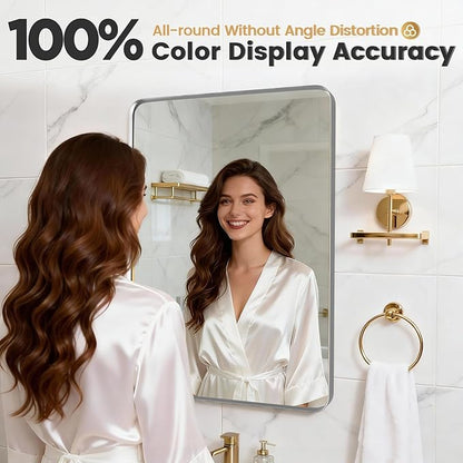 40"x 30" Large Brushed Nickel Bathroom Mirror for Wall, Large Mirrors for Spacious Rooms,Brushed Silver Metal Framed Mirror, Rounded Rectangle Silver Bathroom Mirrors, Tempered Glass