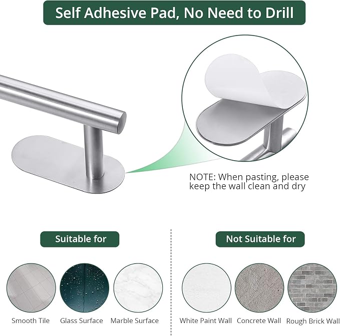 Self Adhesive Towel Bar, JiGiU Bathroom Hardware Set Include 16-Inch Bath Towel Bar,Toilet Paper Holder & 3 Packs Towel Hooks SUS304 Stainless Steel Wall Mount No Drill Sticky on Towel Holder Kit | With 16" Bath Towel Bar,Toilet Paper Holder & 3PCs Tow...