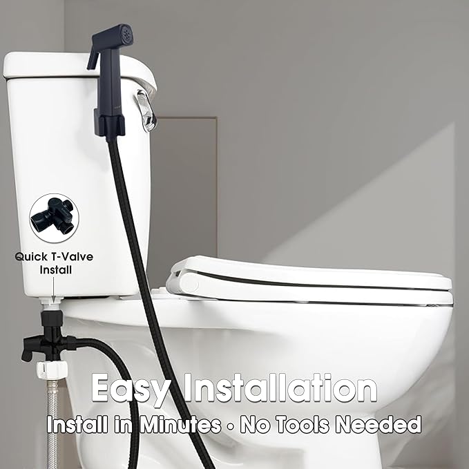 Handheld Bidet Sprayer for Toilet, Lockable Push Button, High Pressure Bathroom Sprayer, Cloth Diaper & Personal Hygiene Sprayer, Tank Mount No-Drill Install, Stainless Hose Set, Black Color