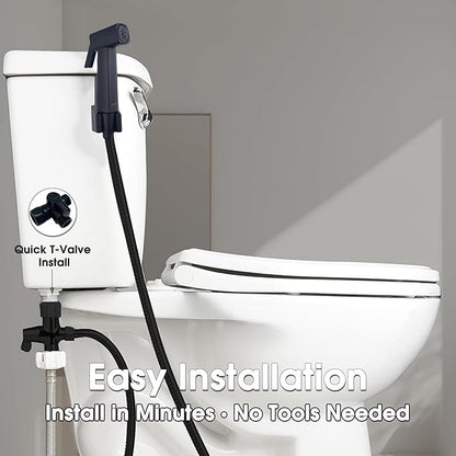 Handheld Bidet Sprayer for Toilet, Lockable Push Button, High Pressure Bathroom Sprayer, Cloth Diaper & Personal Hygiene Sprayer, Tank Mount No-Drill Install, Stainless Hose Set, Black Color