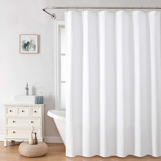 OVZME Long Fabric Shower Curtain, 72x80 inch Long Embossed Textured Shower Curtains for Bathroom - Soft Cloth & Hotel Spa Luxury, Water Repellent, Machine Washable Bath Curtain, White