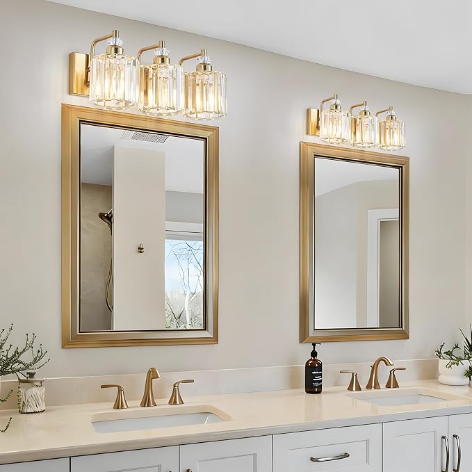 3-Light Modern Gold Bathroom Vanity Lights Brushed Brass Lighting Fixtures Over Mirror, Bathroom Vanity Lighting with Crystal Shade Wall Sconce E26 Base for Bedroom Livingroom Restroom Wall Lamp