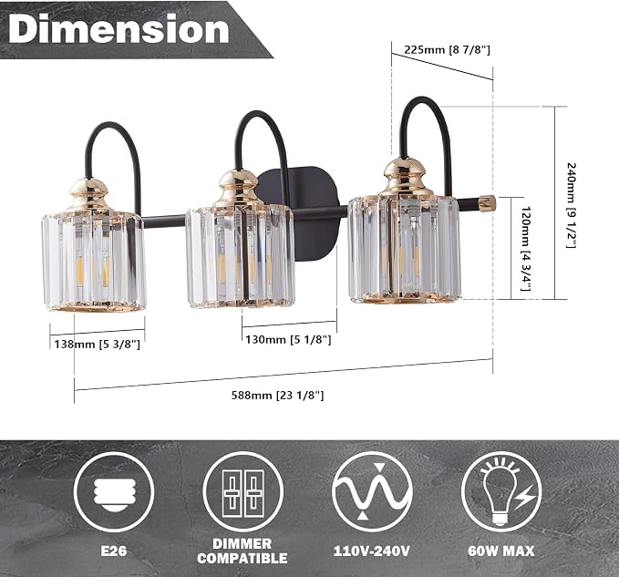 ExBrite 23" 3-Light Bathroom Light Fixtures, Crystal Vanity Lights for Bathroom Modern Wall Light Fixture Above Mirror
