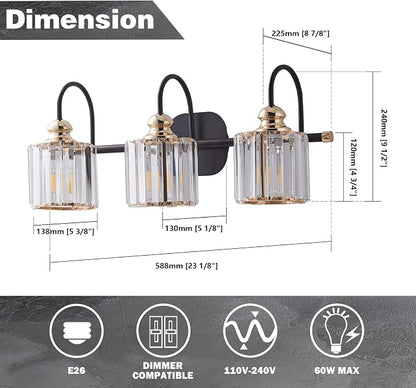 ExBrite 23" 3-Light Bathroom Light Fixtures, Crystal Vanity Lights for Bathroom Modern Wall Light Fixture Above Mirror