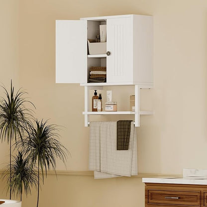 Homeiju Small Farmhouse Style Rustic Medicine Cabinet with Two Barn Doors, Wooden Wall Mounted Storage Cabinet with Shelf and Towel Bar for Bathroom, Living Room, Kitchen, White