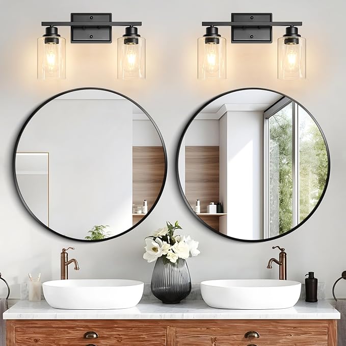 Unicozin 2 Light Bathroom Light Fixtures, Modern Vanity Lights Over Mirror, Black Wall Lamp with Clear Glass for Living Room Cabinet Bedroom Porch