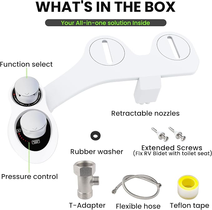 RV Bidet Toilet Seat Attachment, RV Bidet for Camper Toilet with Dual Nozzles, Self/Rear/Front Cleaning, Non-Electric, Adjustable Water Pressure, Fresh Water (Chrome Knob)